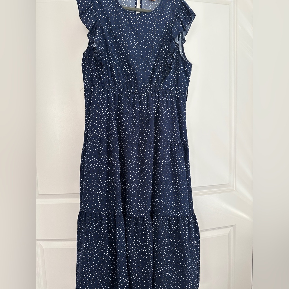 SHEIN Navy Blue Polka Dot Sleeveless Tiered Maxi Dress